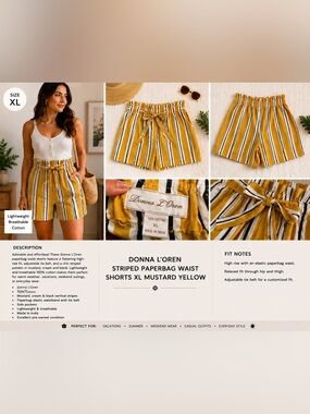Donna L'Oren High-Rise Striped Paperbag Waist Shorts in Mustard Yellow